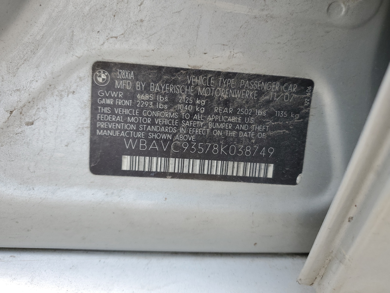 WBAVC93578K038749 2008 BMW 328 Xi