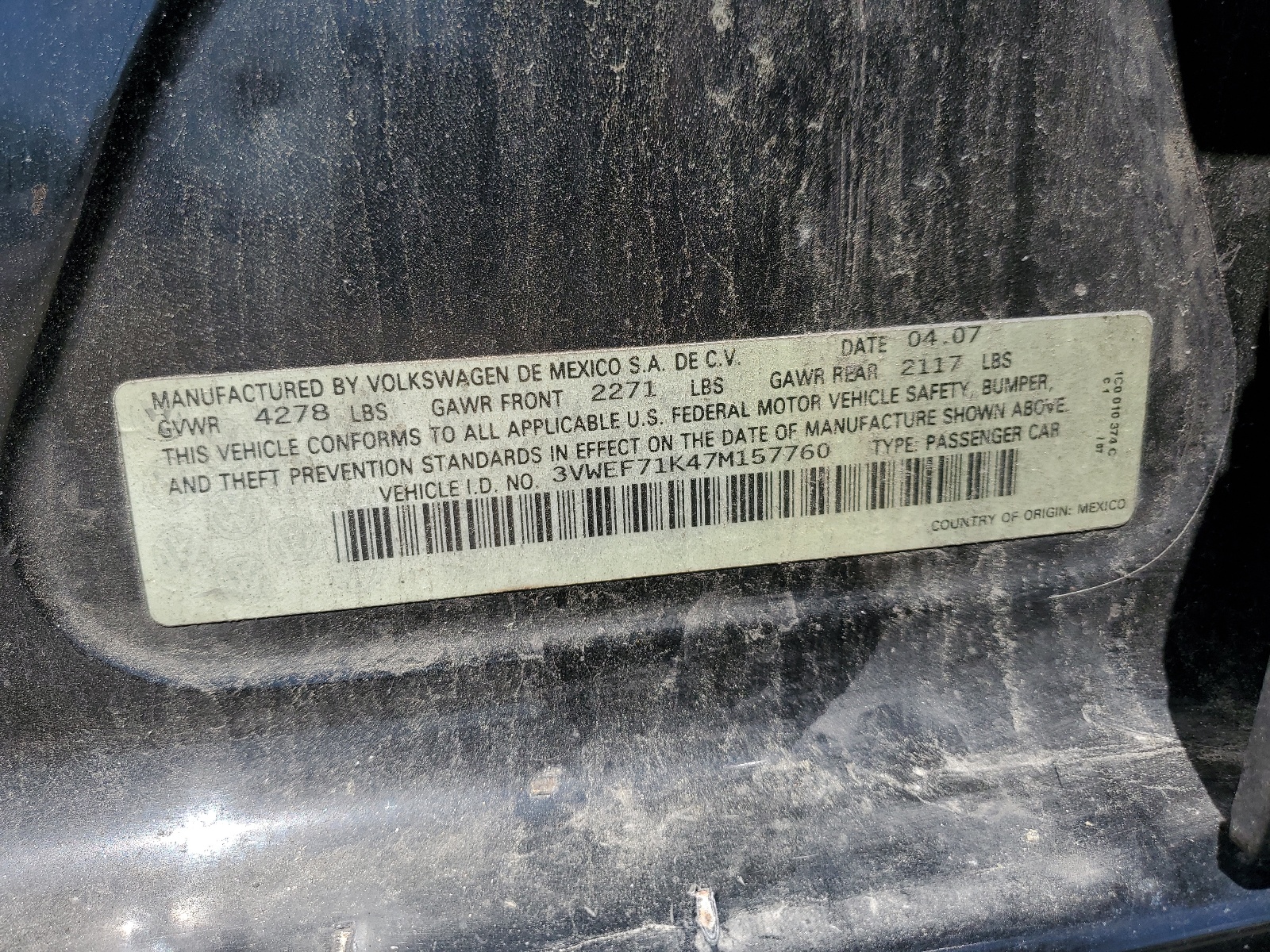 3VWEF71K47M157760 2007 Volkswagen Jetta Wolfsburg