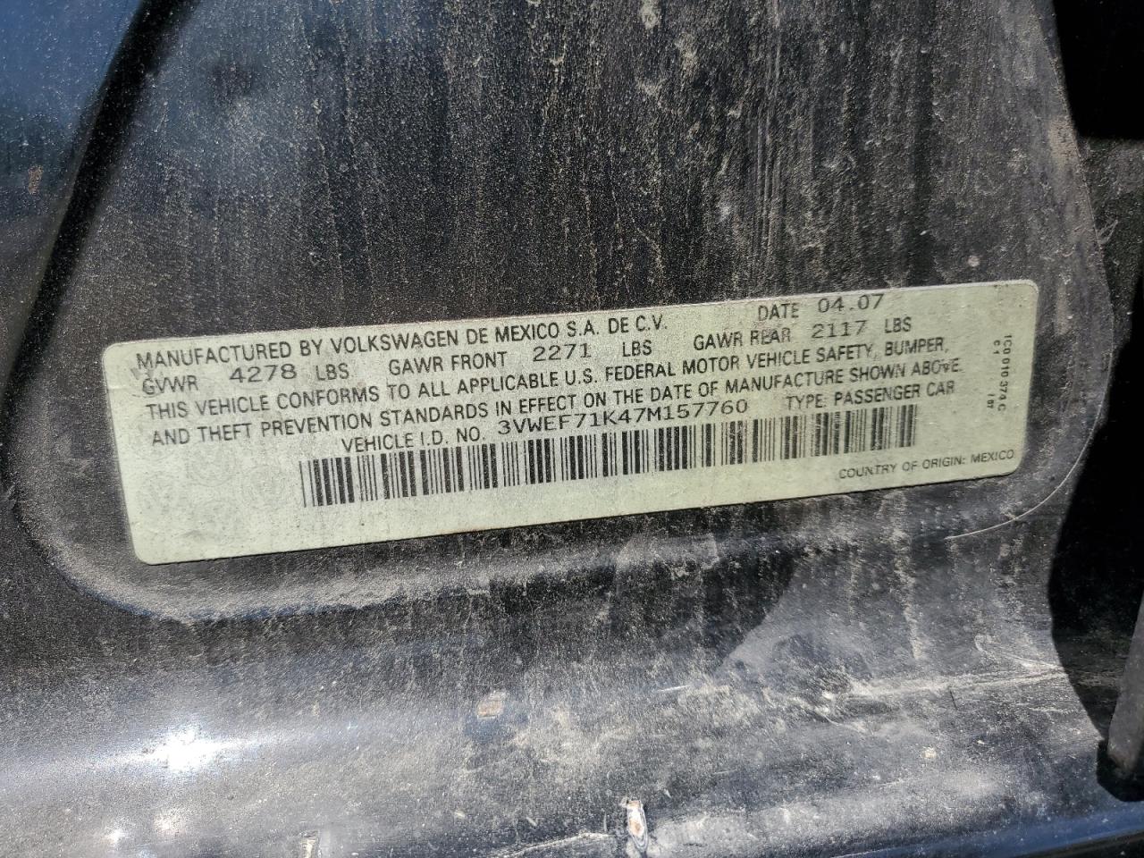 2007 Volkswagen Jetta Wolfsburg VIN: 3VWEF71K47M157760 Lot: 60464214