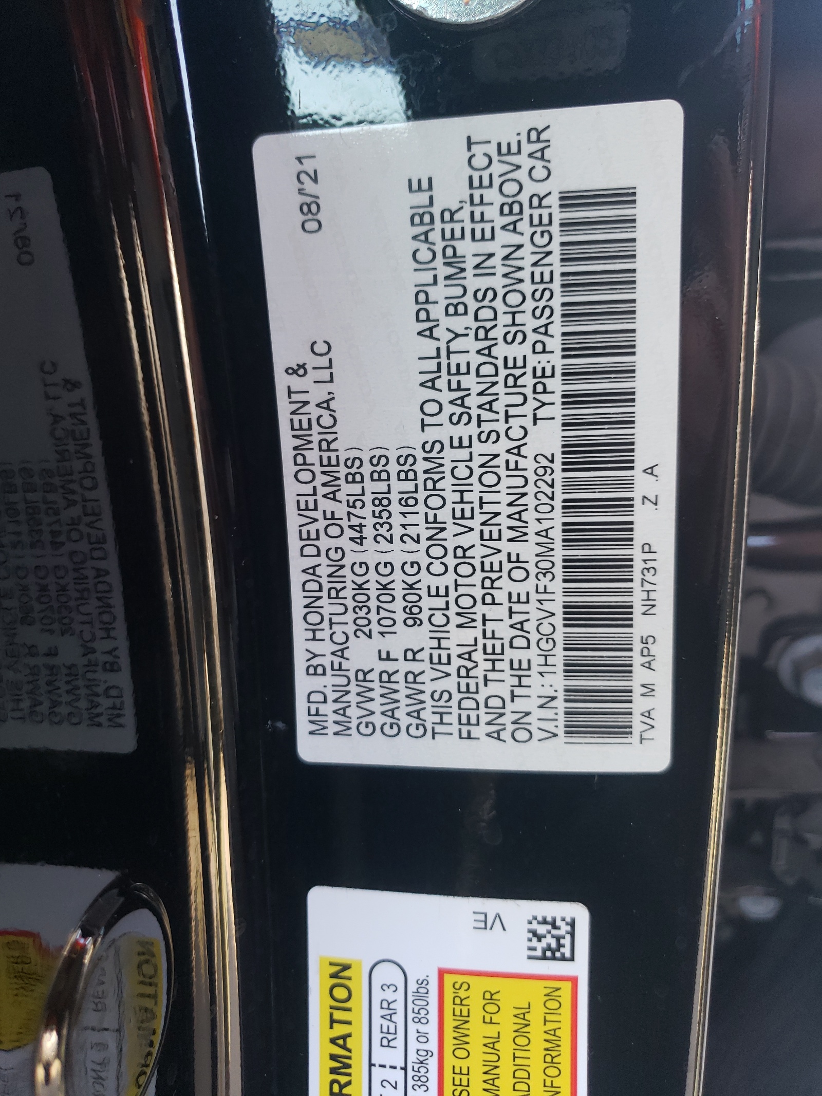 1HGCV1F30MA102292 2021 Honda Accord Sport