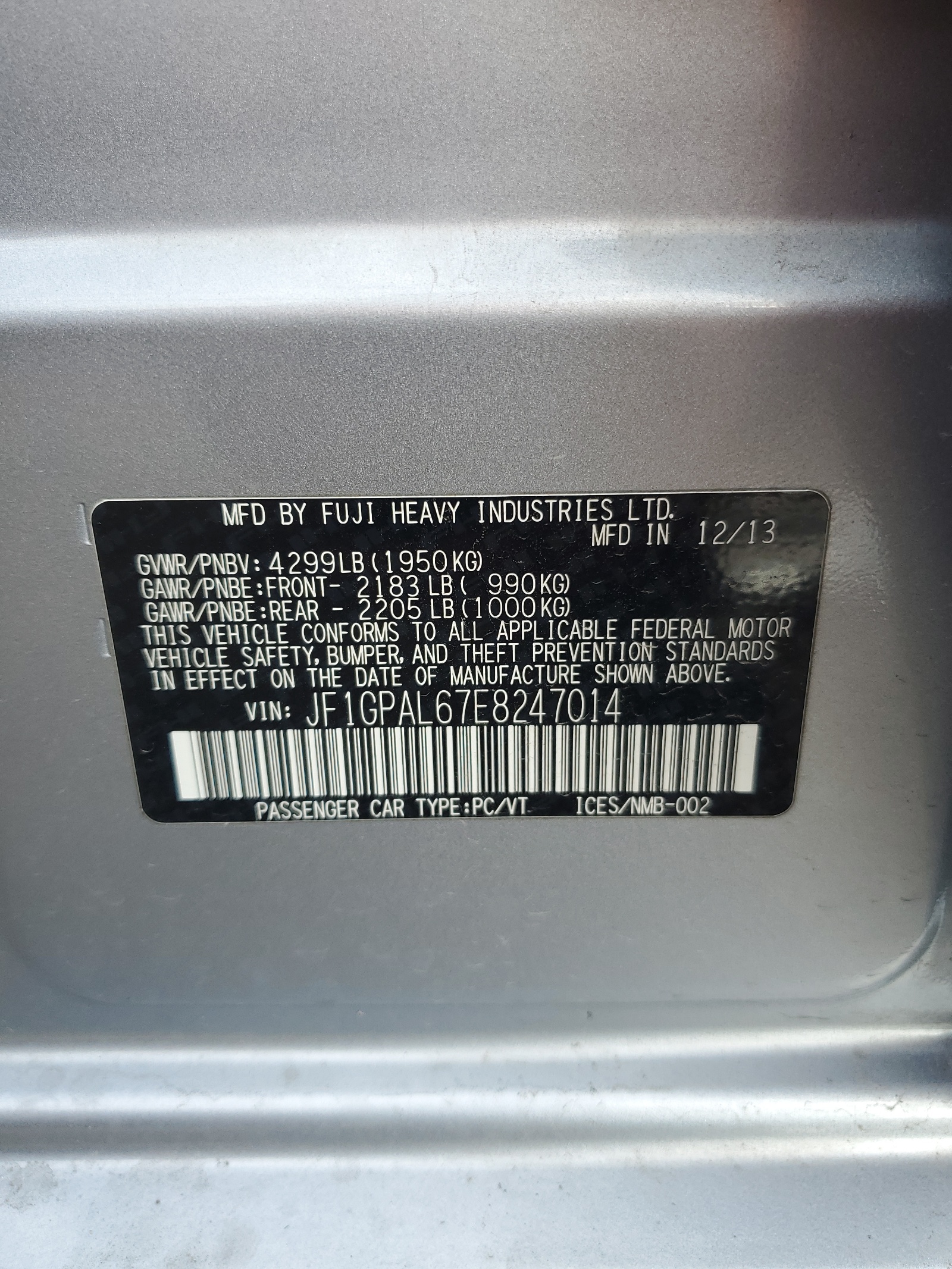 JF1GPAL67E8247014 2014 Subaru Impreza Sport Premium