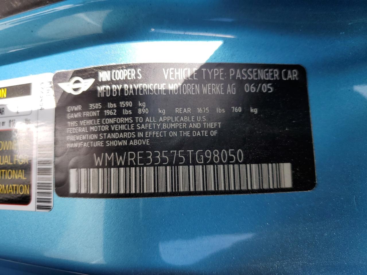 2005 Mini Cooper S VIN: WMWRE33575TG98050 Lot: 59678044