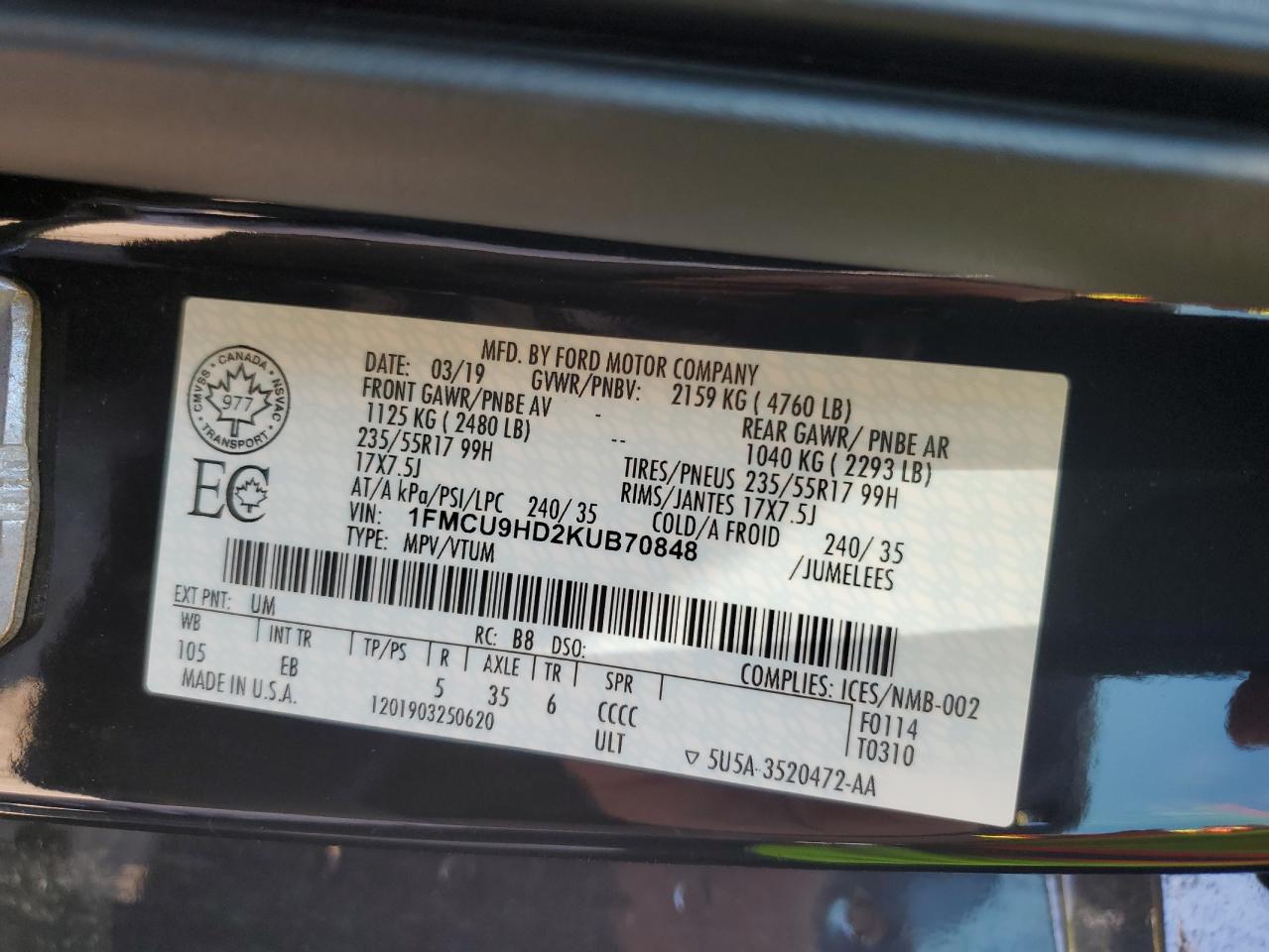 2019 Ford Escape Sel VIN: 1FMCU9HD2KUB70848 Lot: 60194354