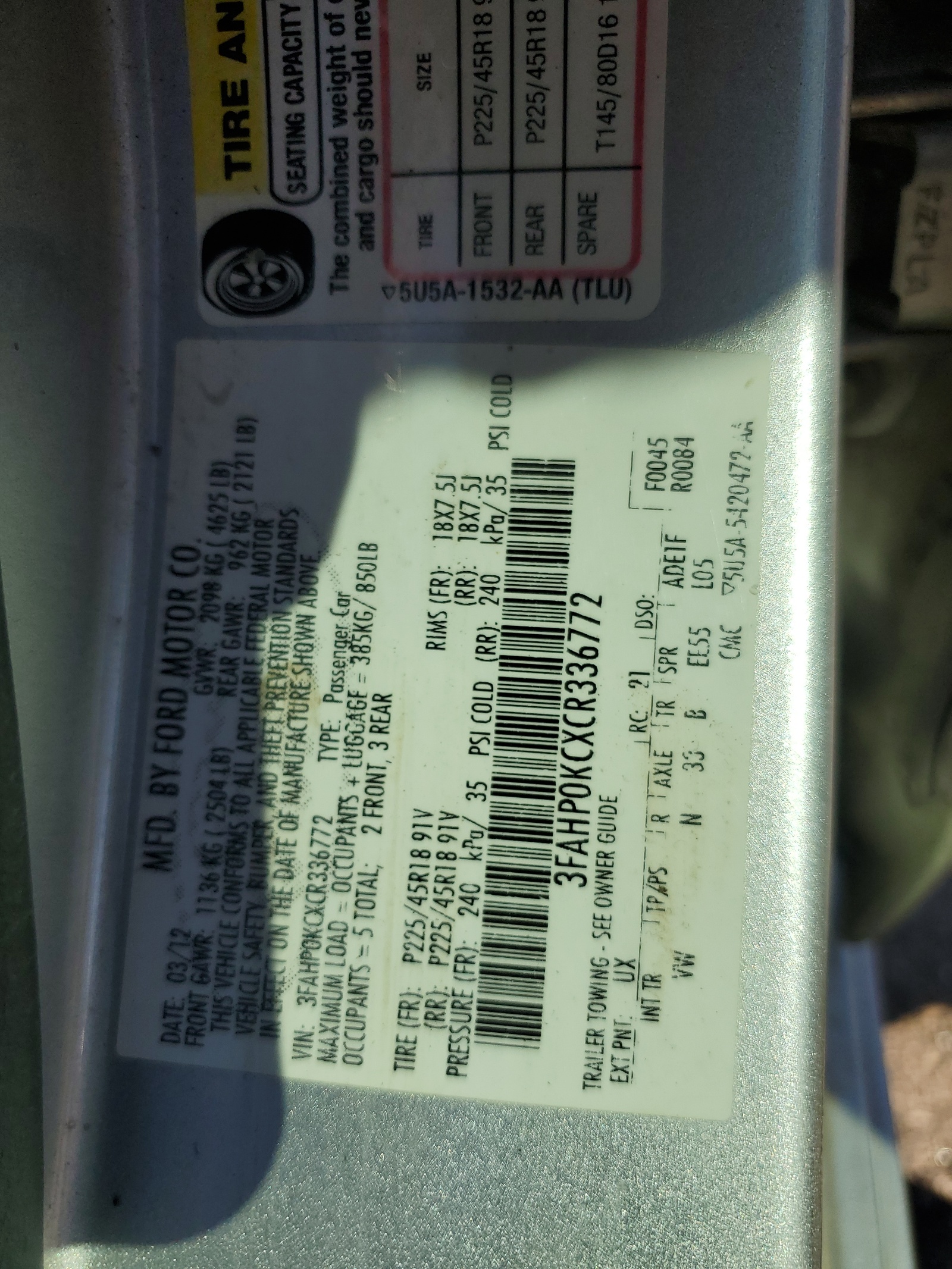 3FAHP0KCXCR336772 2012 Ford Fusion Sport