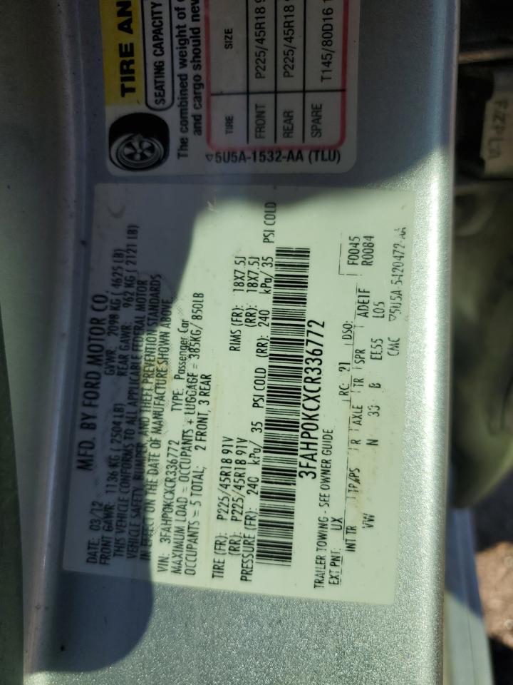 2012 Ford Fusion Sport VIN: 3FAHP0KCXCR336772 Lot: 60637094