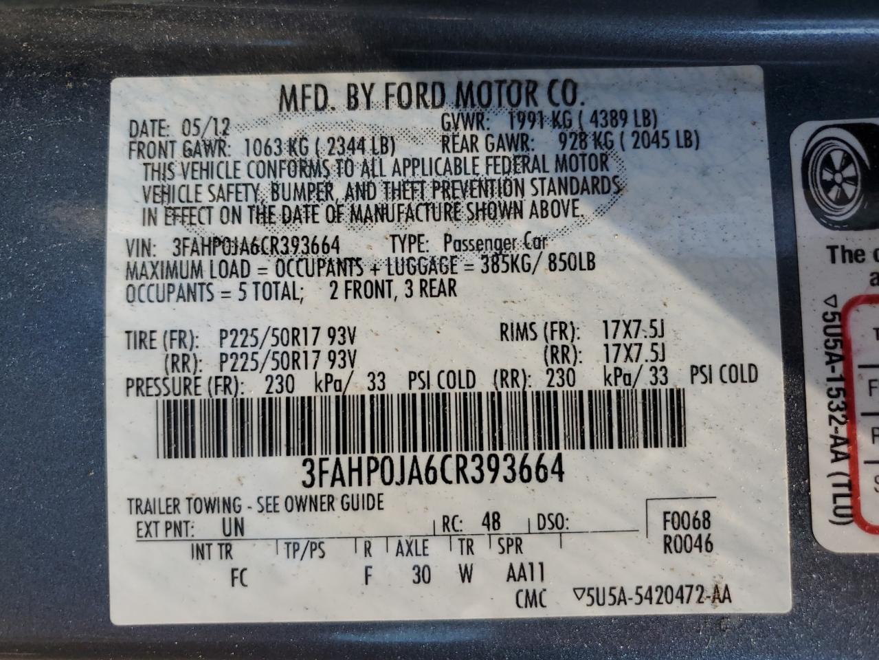 2012 Ford Fusion Sel VIN: 3FAHP0JA6CR393664 Lot: 60690344
