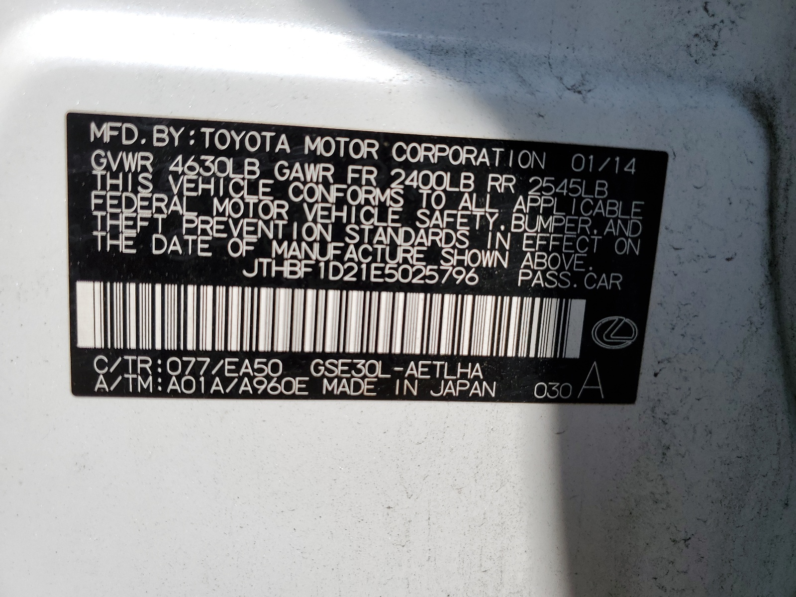 JTHBF1D21E5025796 2014 Lexus Is 250