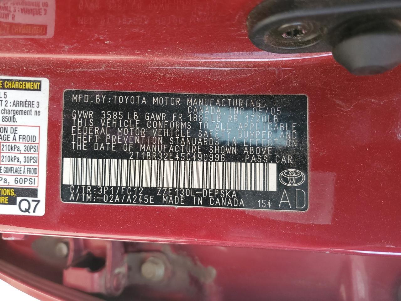 2005 Toyota Corolla Ce VIN: 2T1BR32E45C490996 Lot: 57316224