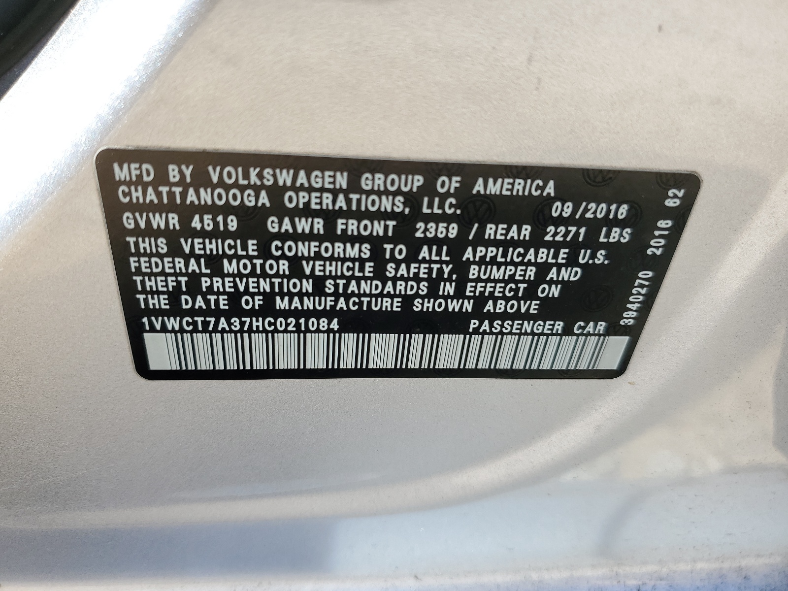 1VWCT7A37HC021084 2017 Volkswagen Passat Sel Premium