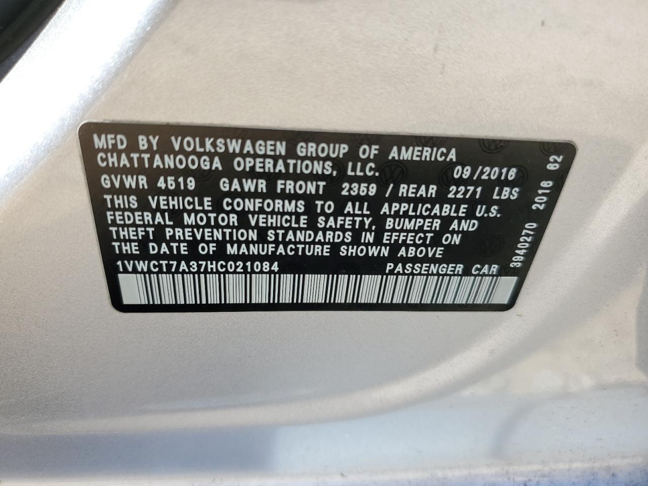2017 Volkswagen Passat Sel Premium VIN: 1VWCT7A37HC021084 Lot: 60737864