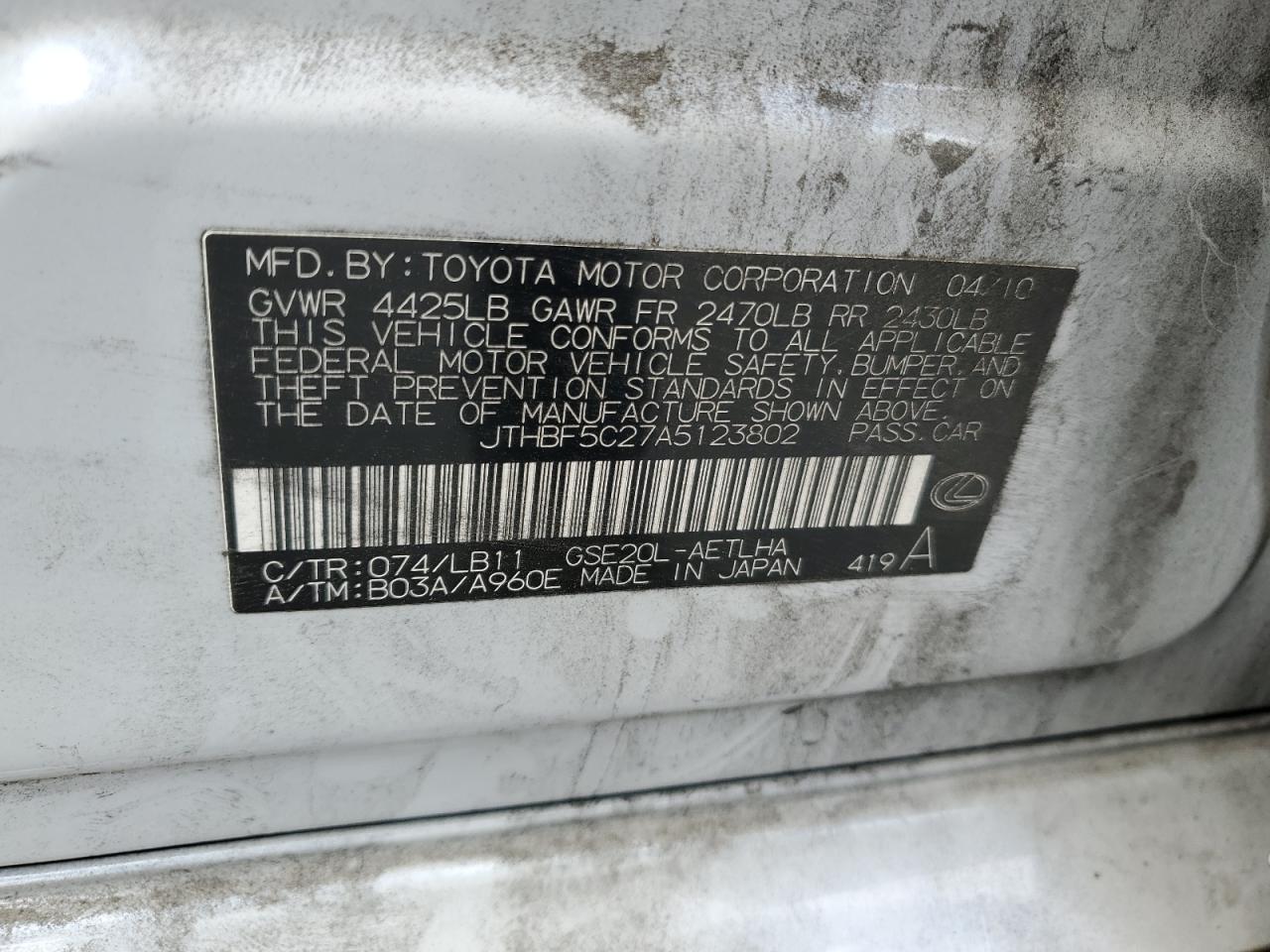 2010 Lexus Is 250 VIN: JTHBF5C27A5123802 Lot: 60566734