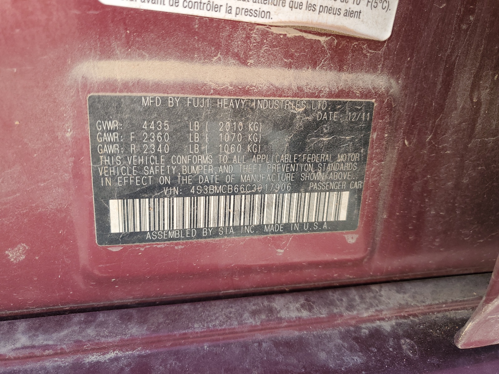 4S3BMCB66C3017906 2012 Subaru Legacy 2.5I Premium