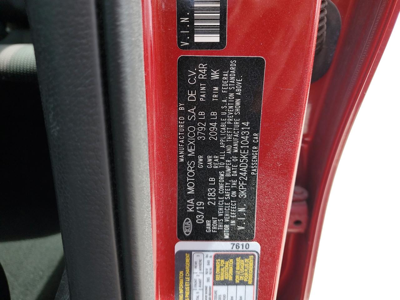 2019 Kia Forte Fe VIN: 3KPF24AD5KE104314 Lot: 59617894