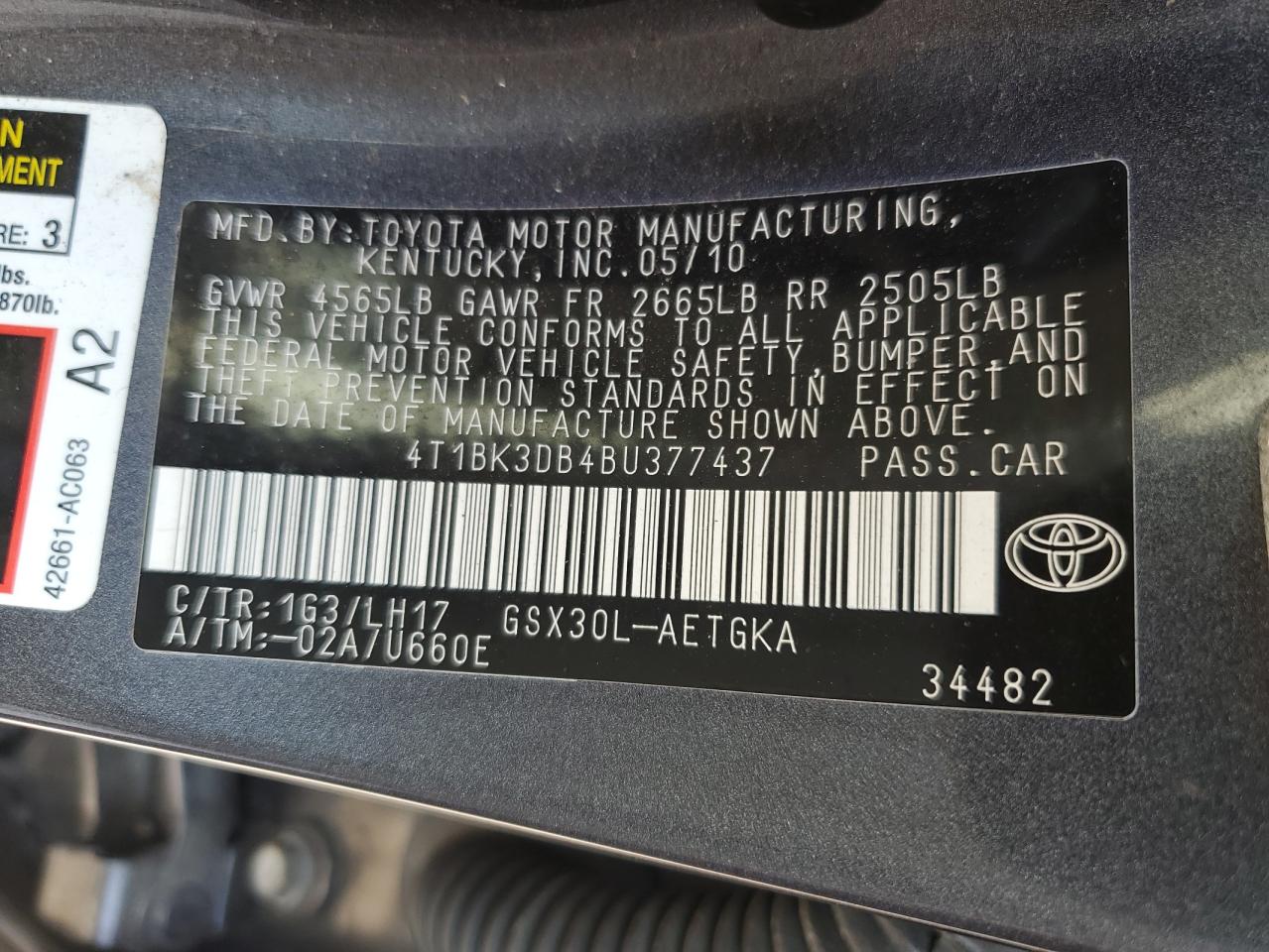 2011 Toyota Avalon Base VIN: 4T1BK3DB4BU377437 Lot: 60404364