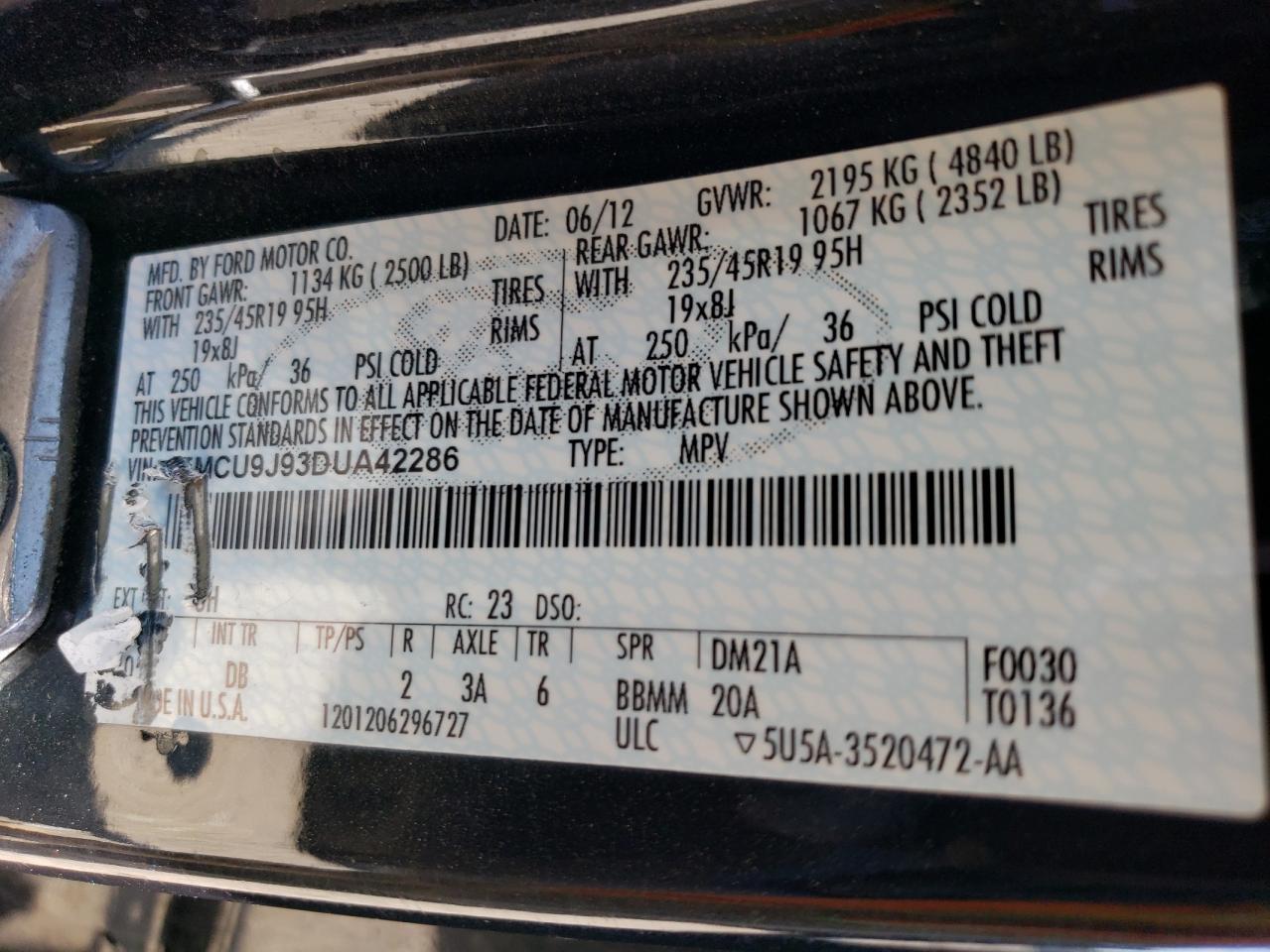 2013 Ford Escape Titanium VIN: 1FMCU9J93DUA42286 Lot: 60207894