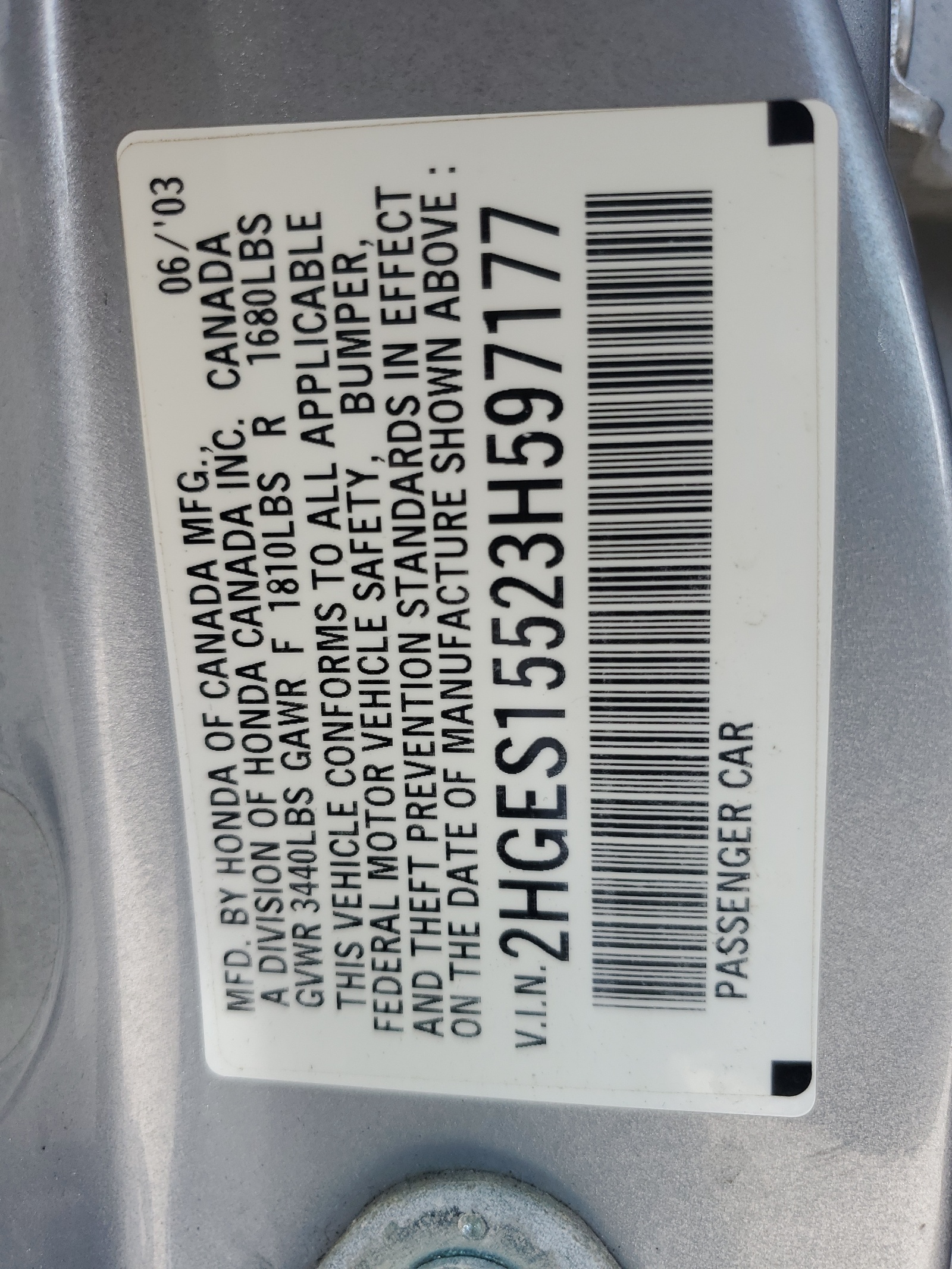 2HGES15523H597177 2003 Honda Civic Lx