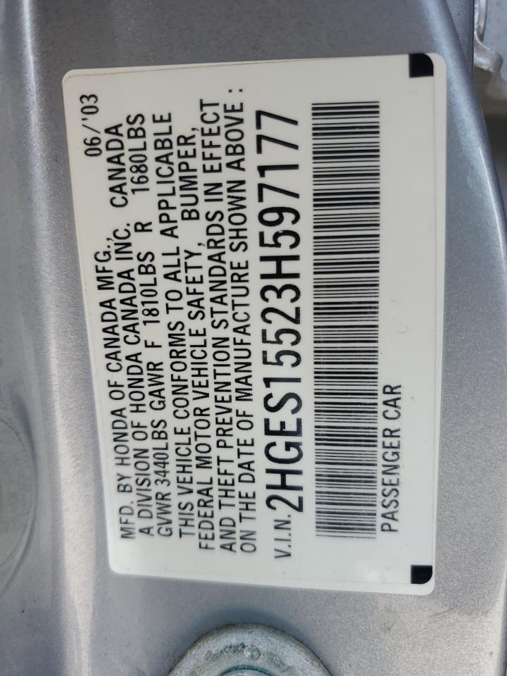 2003 Honda Civic Lx VIN: 2HGES15523H597177 Lot: 60544974