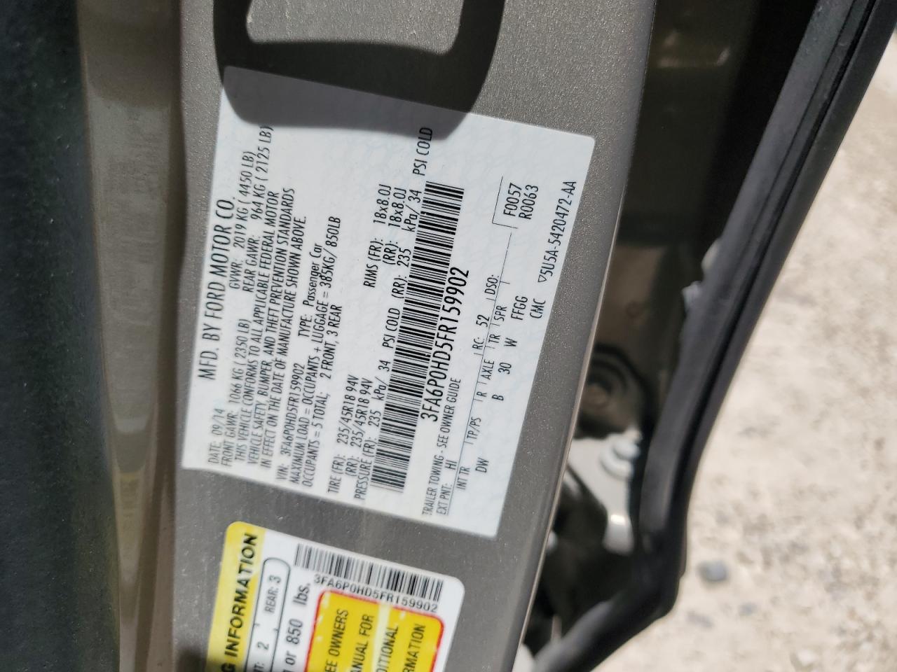 2015 Ford Fusion Se VIN: 3FA6P0HD5FR159902 Lot: 58049234