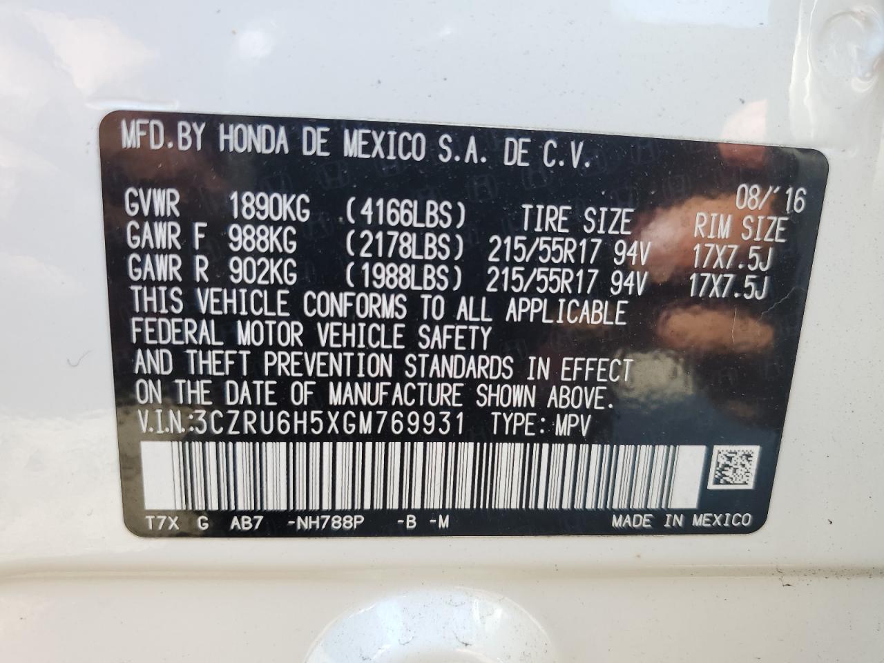 3CZRU6H5XGM769931 2016 Honda Hr-V Ex