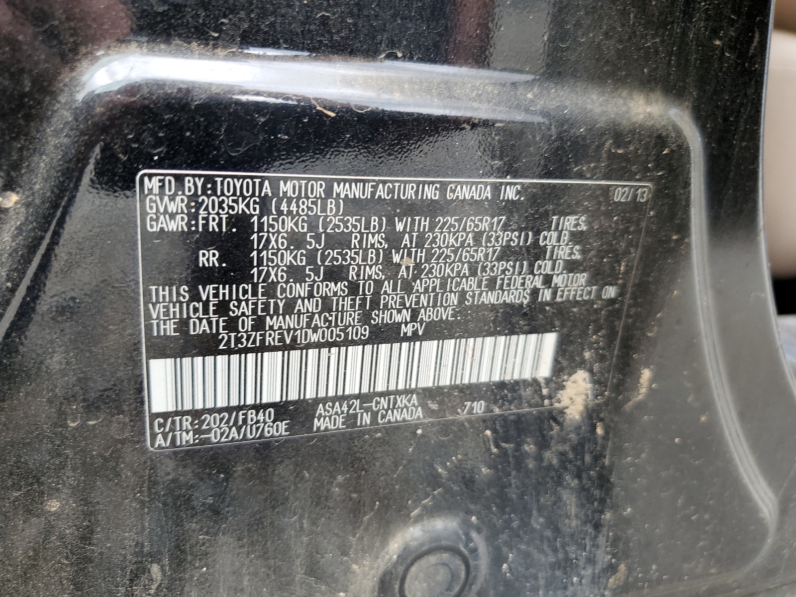 2T3ZFREV1DW005109 2013 Toyota Rav4 Le