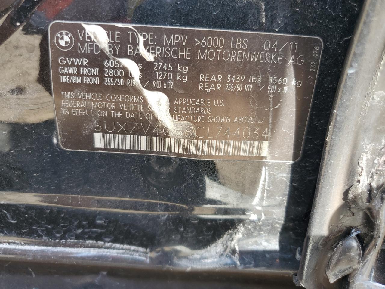 2012 BMW X5 xDrive35I VIN: 5UXZV4C58CL744034 Lot: 59913034