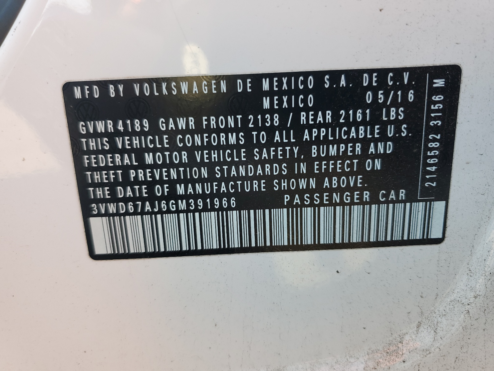 3VWD67AJ6GM391966 2016 Volkswagen Jetta Se