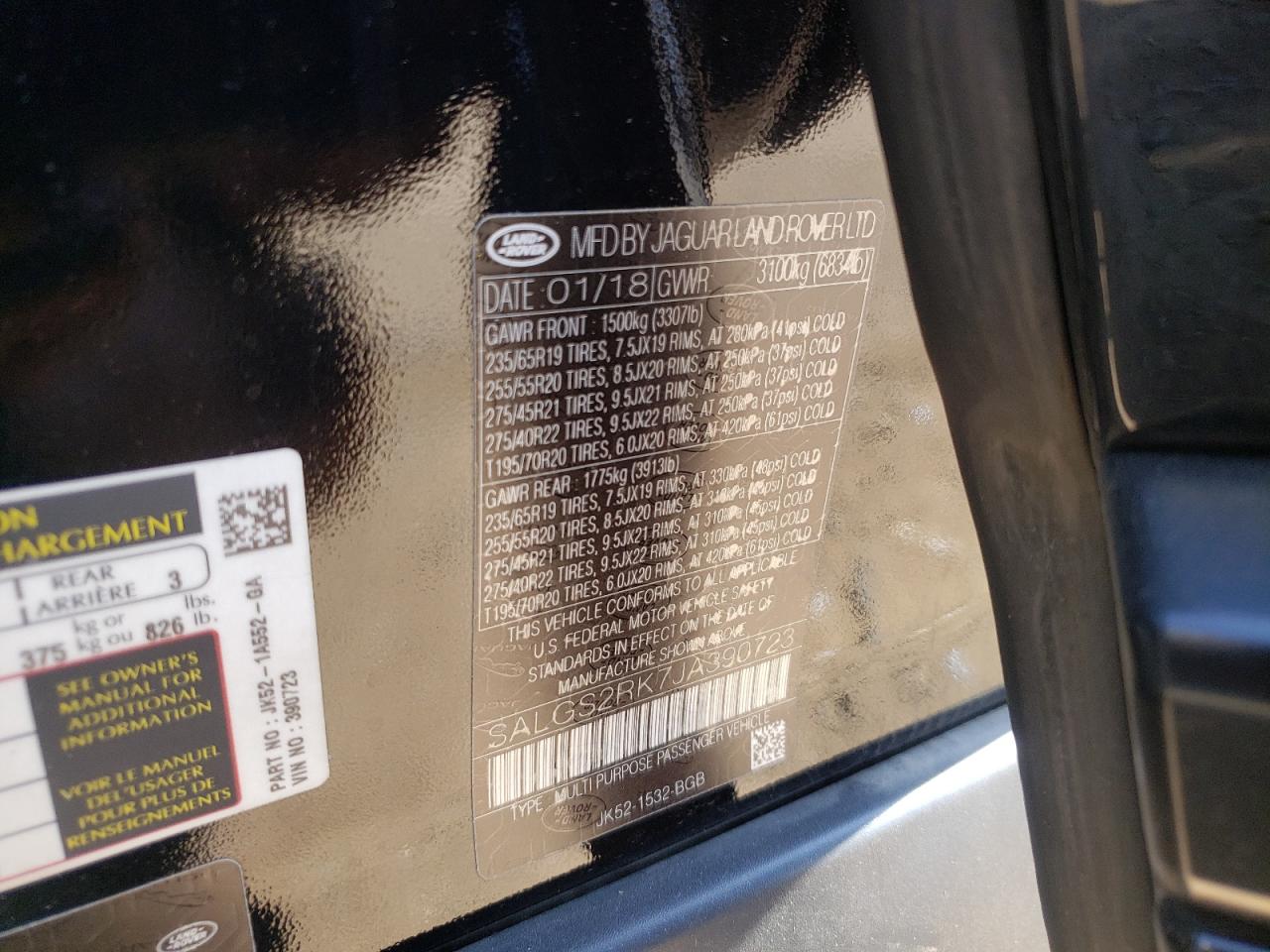 2018 Land Rover Range Rover Hse VIN: SALGS2RK7JA390723 Lot: 59106314