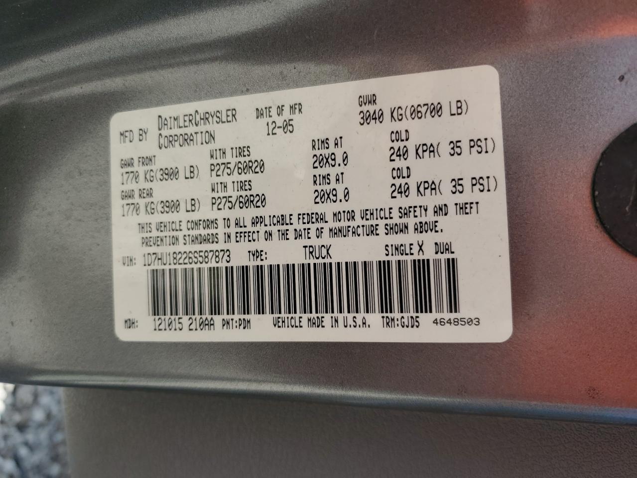 2006 Dodge Ram 1500 St VIN: 1D7HU18226S587873 Lot: 58008094