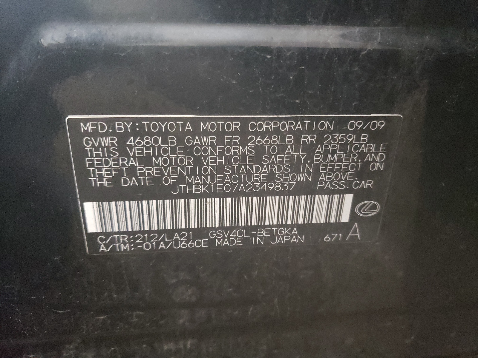 JTHBK1EG7A2349837 2010 Lexus Es 350