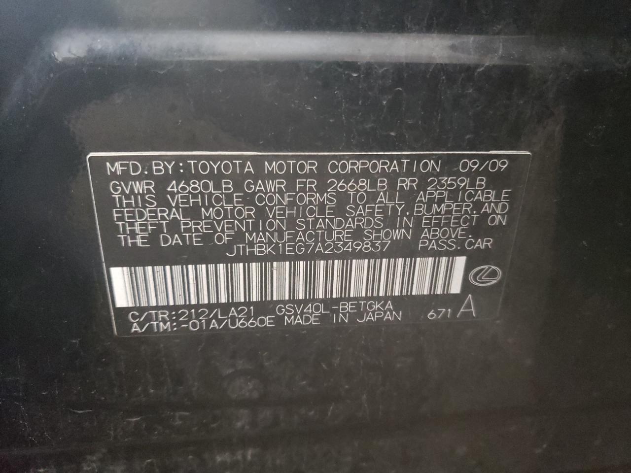 2010 Lexus Es 350 VIN: JTHBK1EG7A2349837 Lot: 57494944