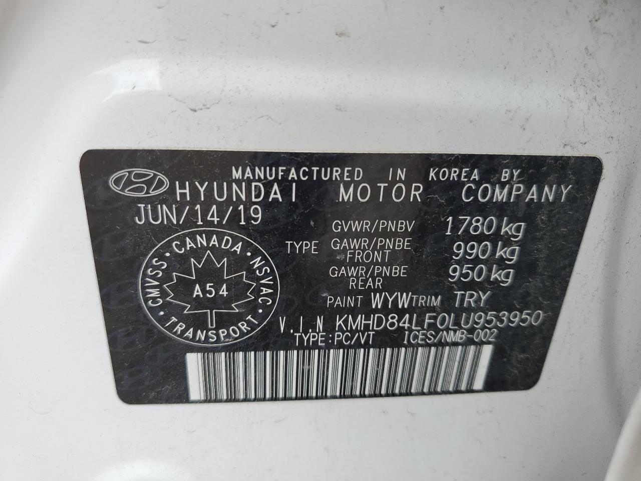 2020 Hyundai Elantra Sel VIN: KMHD84LF0LU953950 Lot: 57731444