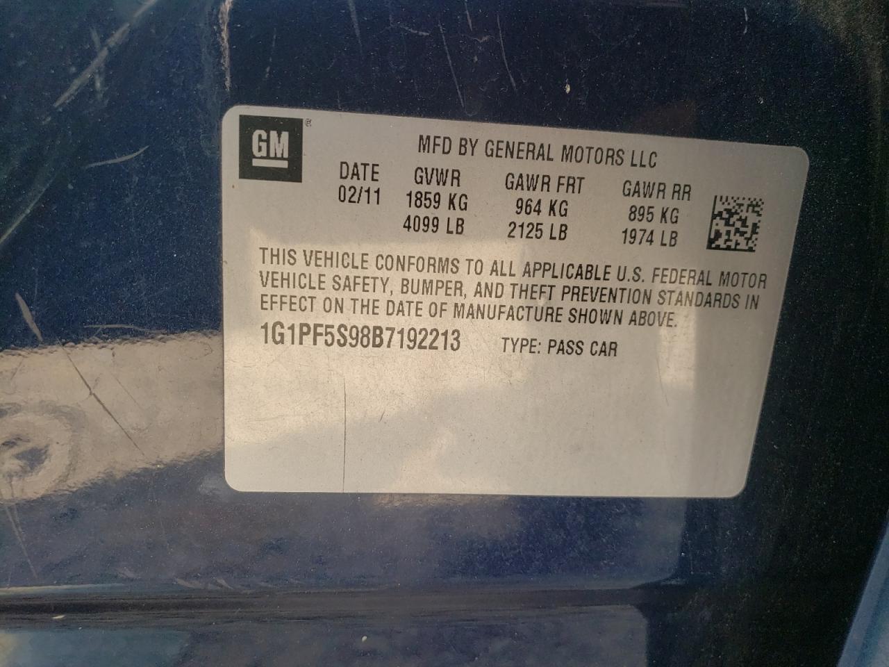 2011 Chevrolet Cruze Lt VIN: 1G1PF5S98B7192213 Lot: 60713644