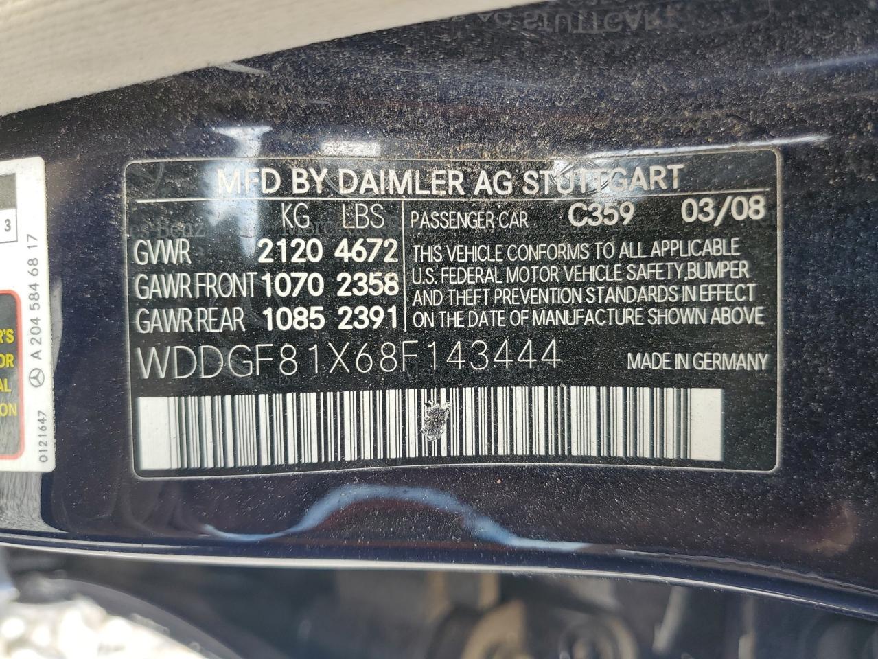 2008 Mercedes-Benz C 300 4Matic VIN: WDDGF81X68F143444 Lot: 57596214