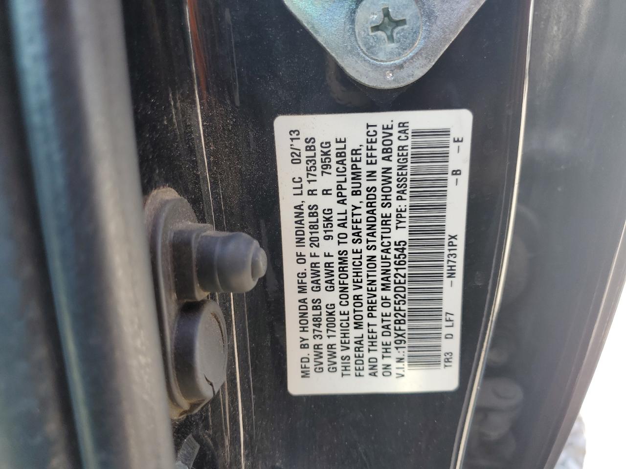 2013 Honda Civic Lx VIN: 19XFB2F52DE216545 Lot: 60353834