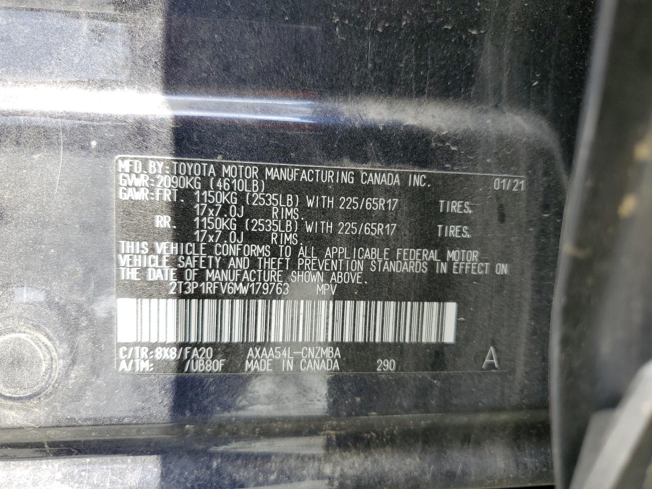 2T3P1RFV6MW179763 2021 Toyota Rav4 Xle