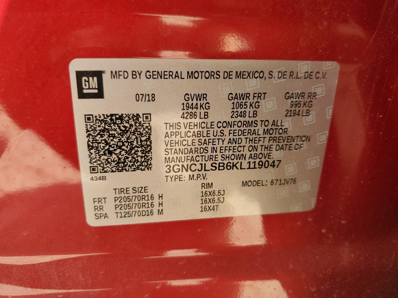 2019 Chevrolet Trax 1Lt VIN: 3GNCJLSB6KL119047 Lot: 57764734