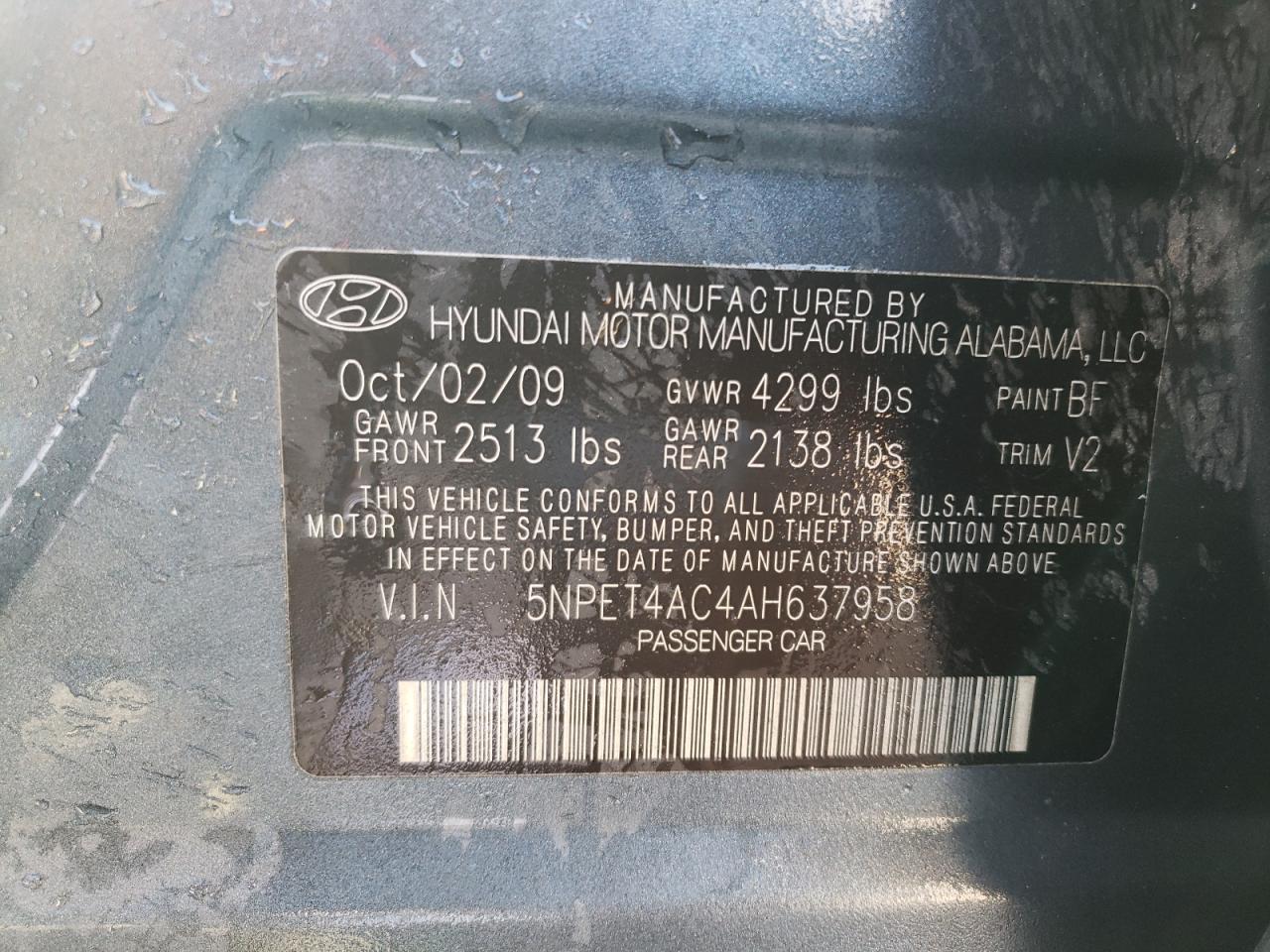 2010 Hyundai Sonata Gls VIN: 5NPET4AC4AH637958 Lot: 60485364