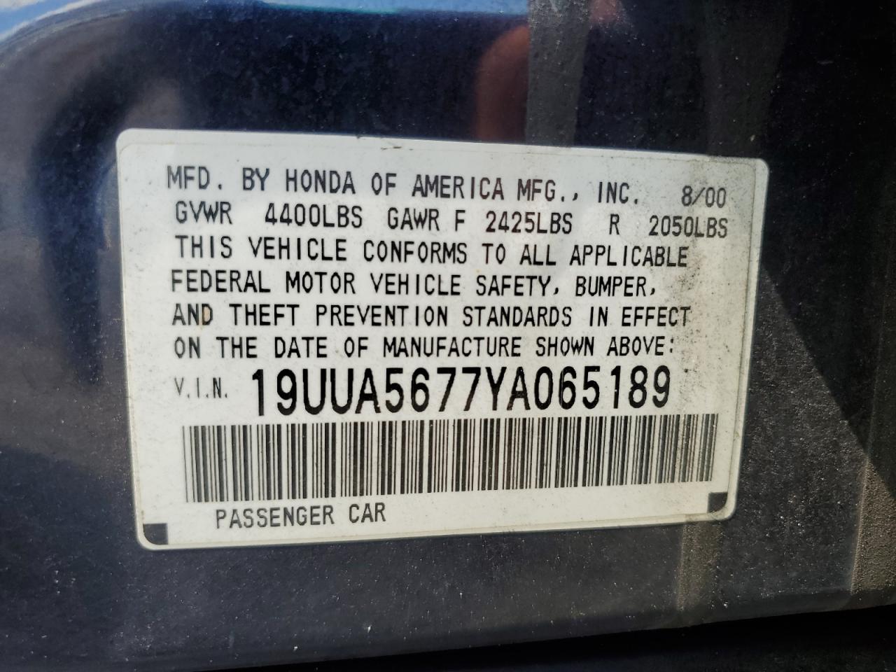 2000 Acura 3.2Tl VIN: 19UUA5677YA065189 Lot: 60619504