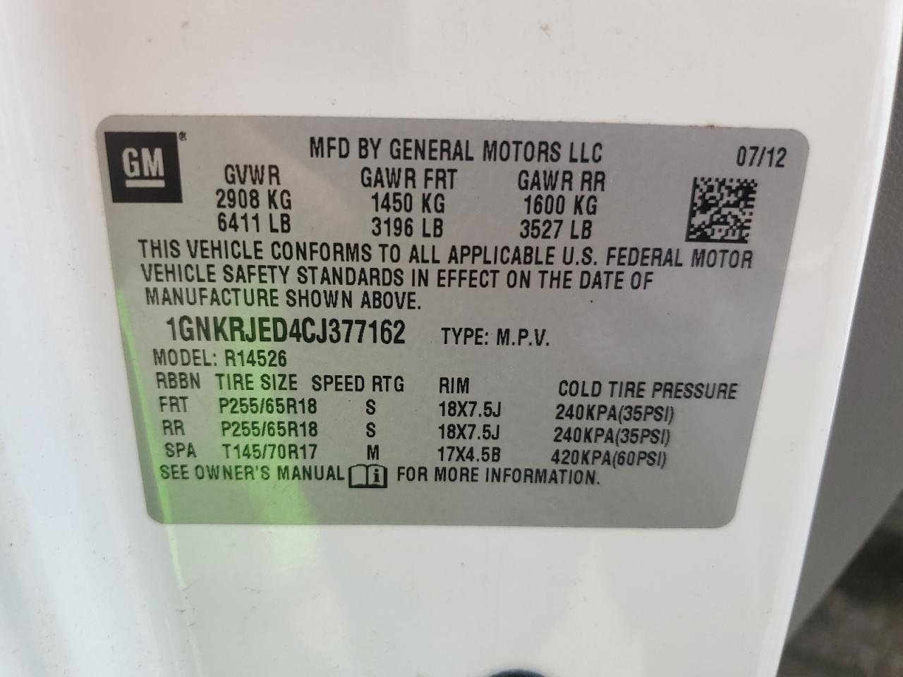 2012 Chevrolet Traverse Lt VIN: 1GNKRJED4CJ377162 Lot: 59662024