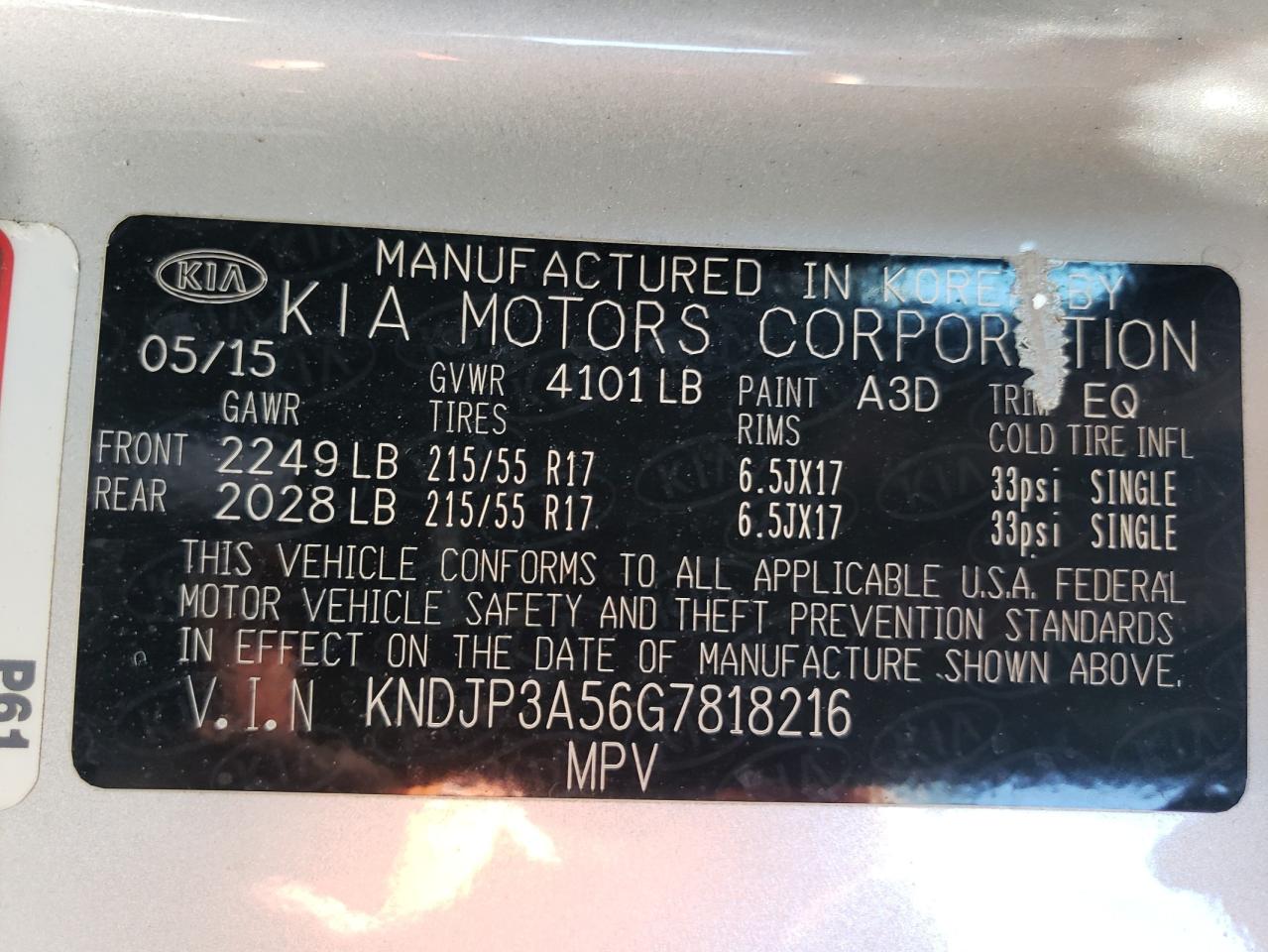 2016 Kia Soul + VIN: KNDJP3A56G7818216 Lot: 58153014