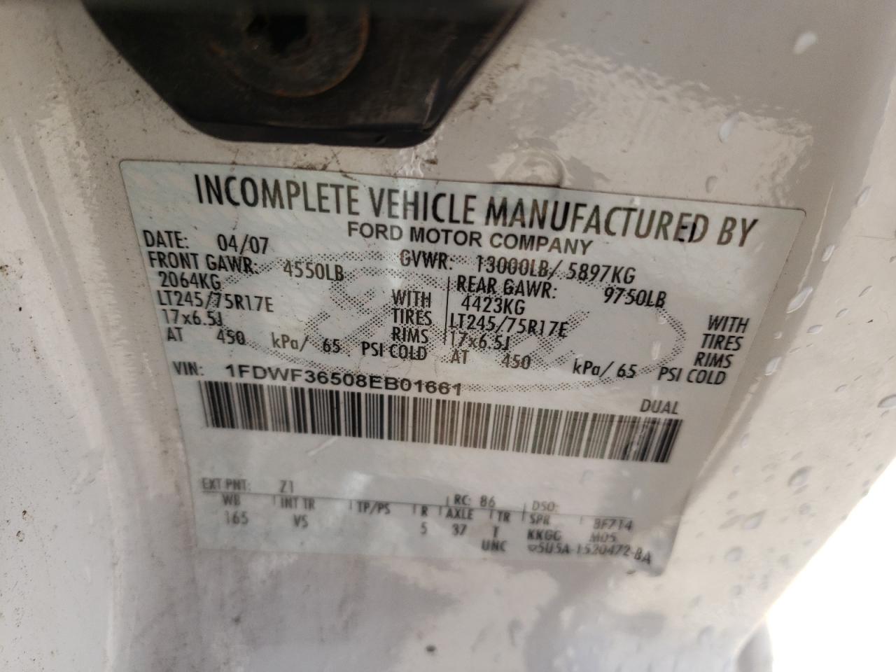 2008 Ford F350 Super Duty VIN: 1FDWF36508EB01661 Lot: 59136204