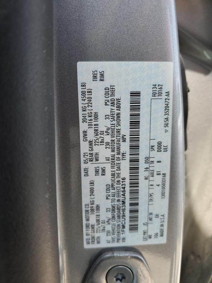 2021 Ford Escape Sel VIN: 1FMCU9H63MUA64316 Lot: 58056584