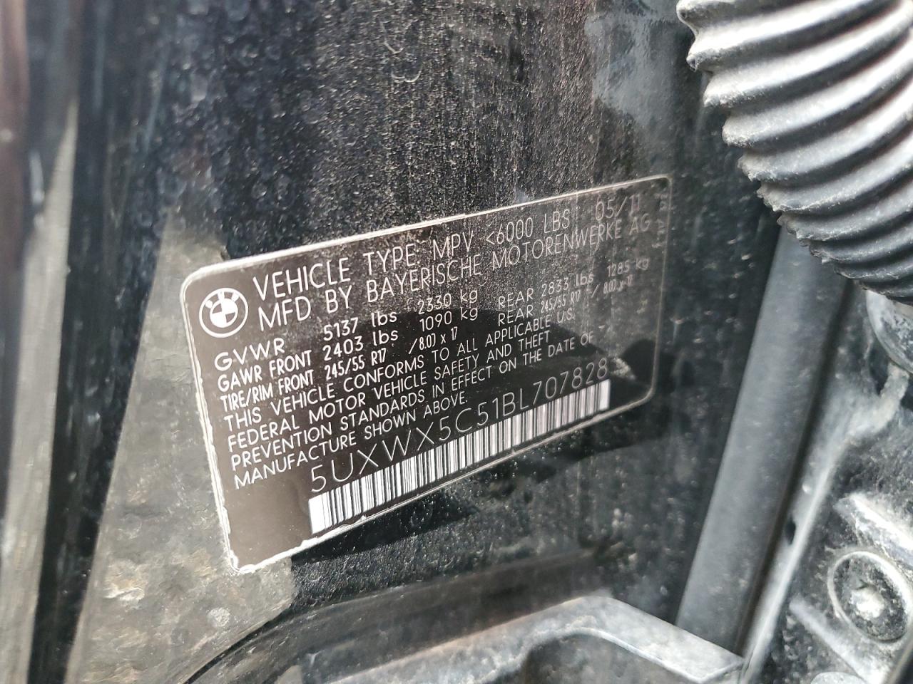 2011 BMW X3 xDrive28I VIN: 5UXWX5C51BL707828 Lot: 60694994