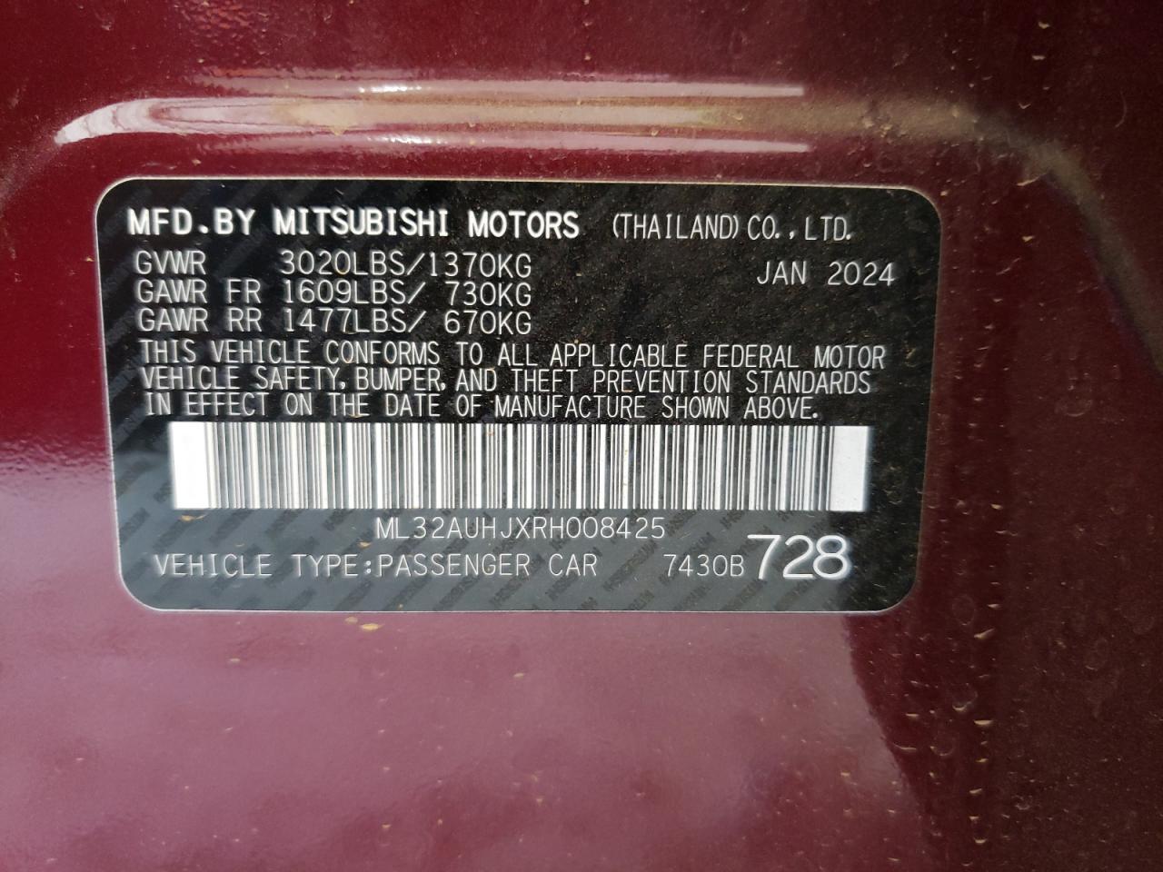 2024 Mitsubishi Mirage Es VIN: ML32AUHJXRH008425 Lot: 60799554