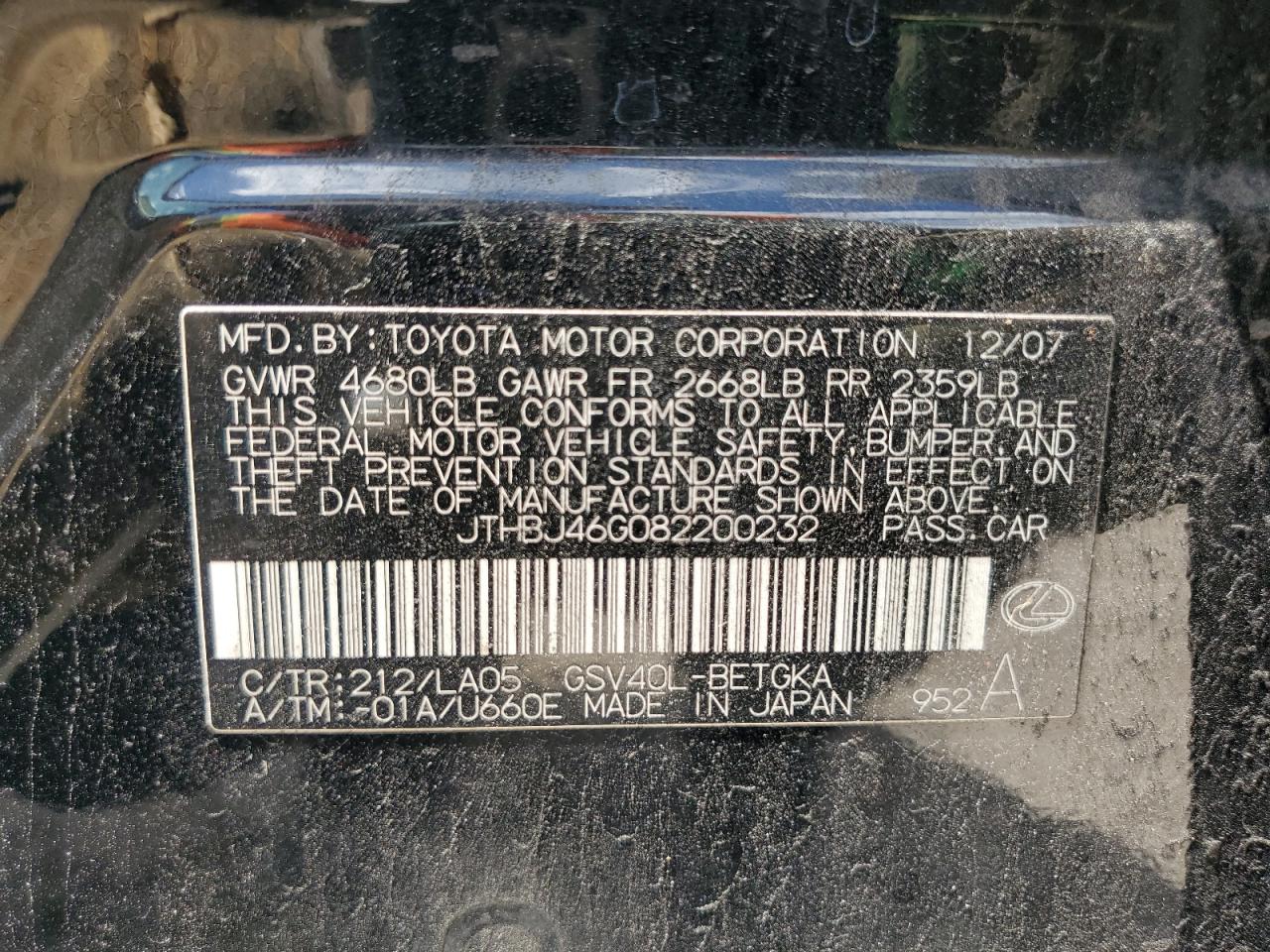 2008 Lexus Es 350 VIN: JTHBJ46G082200232 Lot: 59277244