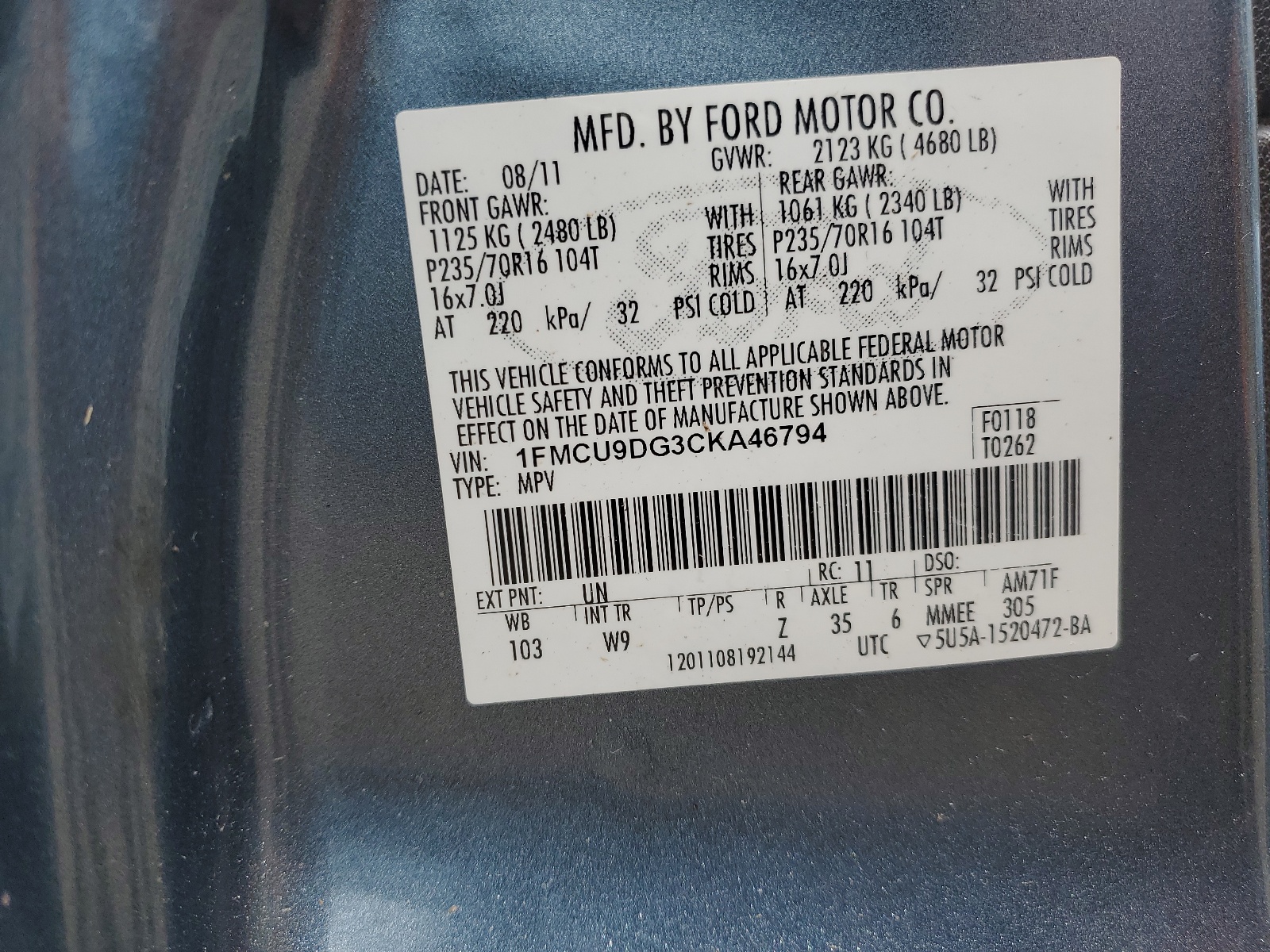 1FMCU9DG3CKA46794 2012 Ford Escape Xlt