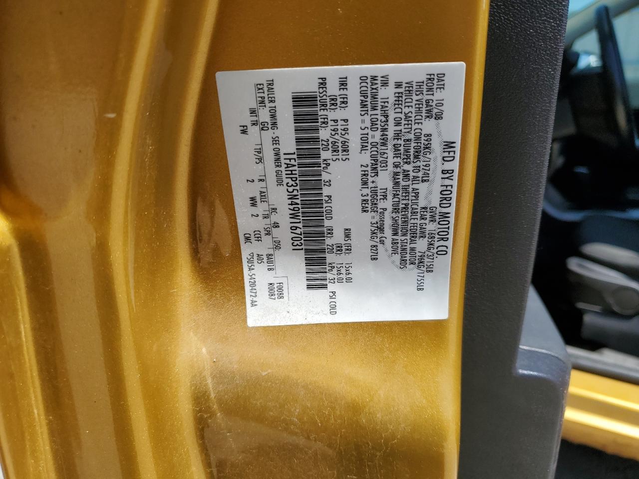 2009 Ford Focus Se VIN: 1FAHP35N49W167031 Lot: 58430544