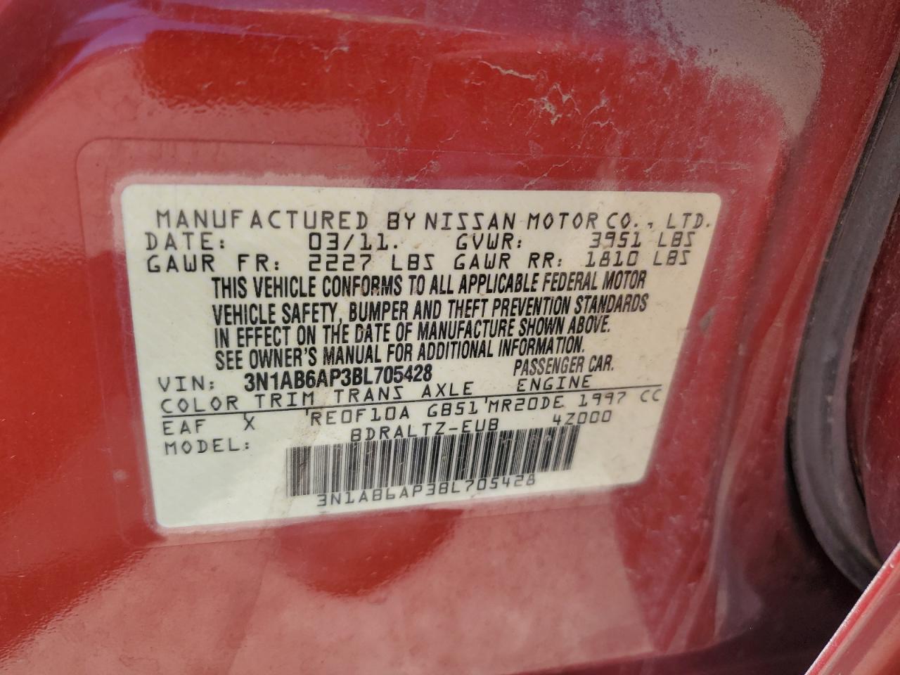 2011 Nissan Sentra 2.0 VIN: 3N1AB6AP3BL705428 Lot: 58455504