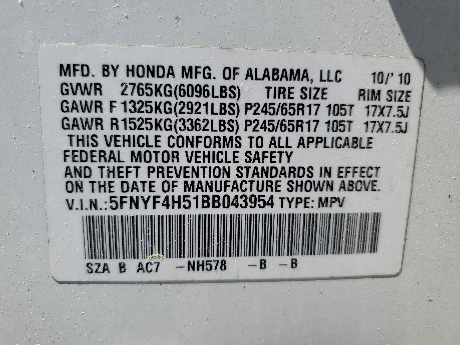 5FNYF4H51BB043954 2011 Honda Pilot Exl