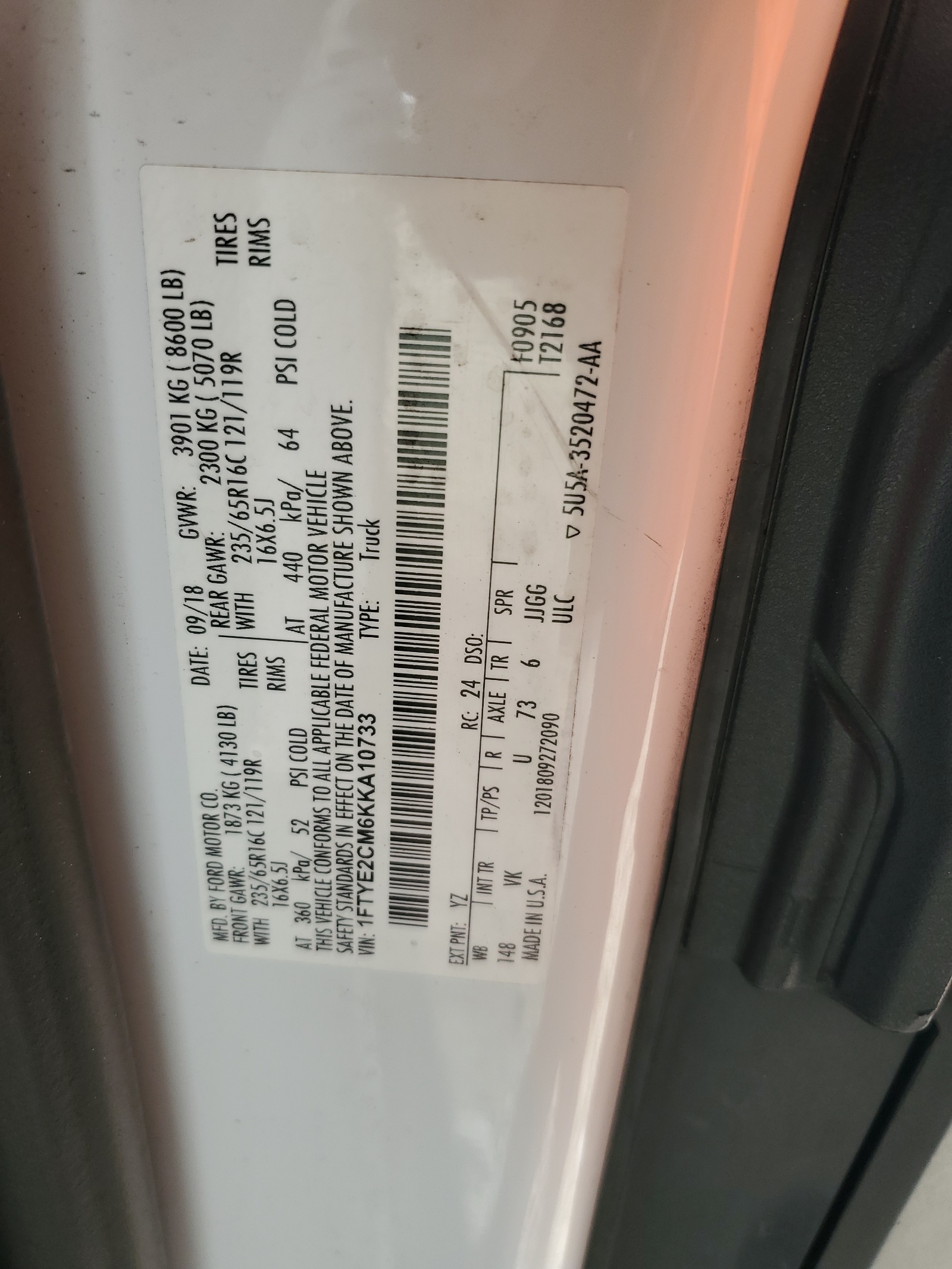 1FTYE2CM6KKA10733 2019 Ford Transit T-150